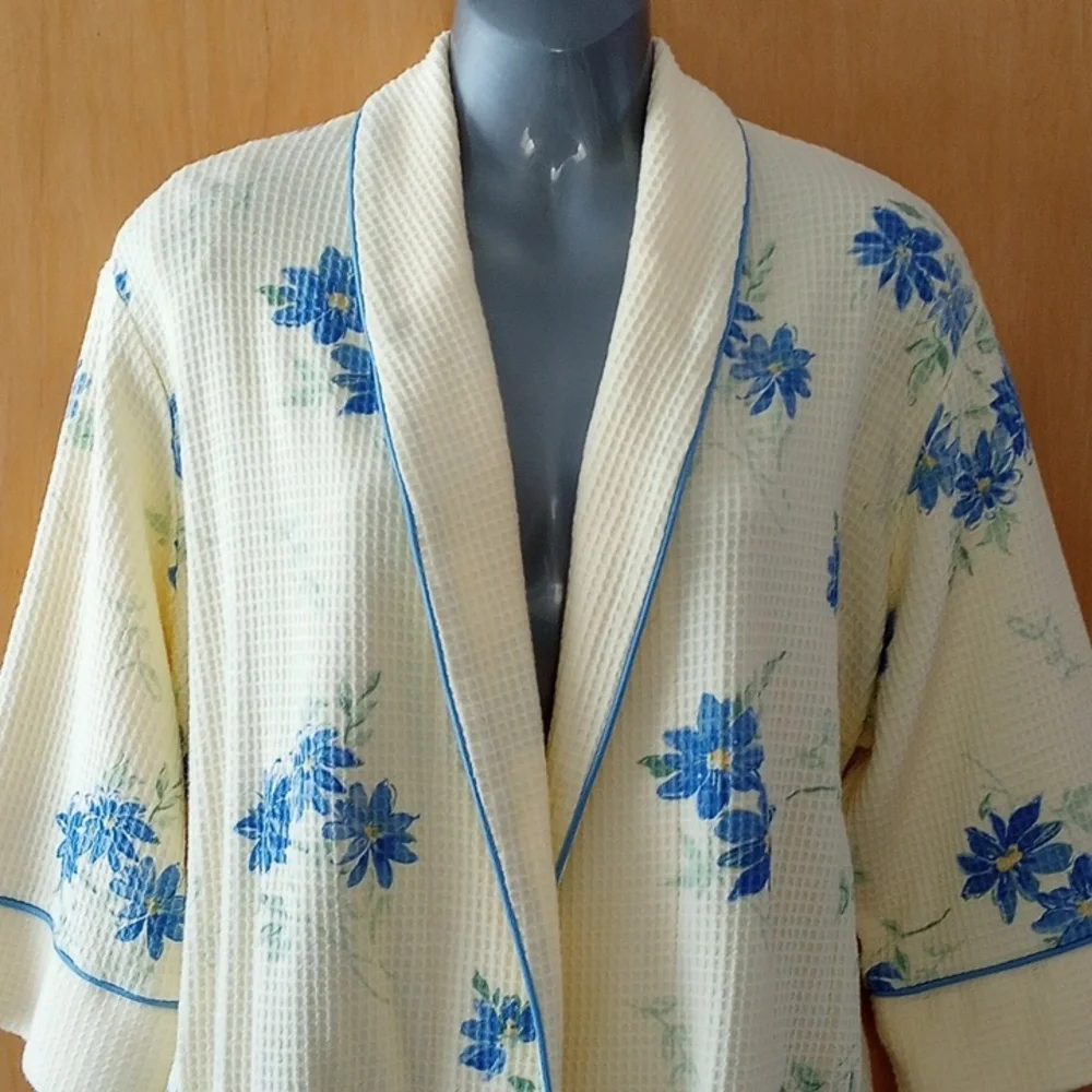 Waffle Weave Bath Robe Yellow and Blue M - Picture 4 of 13